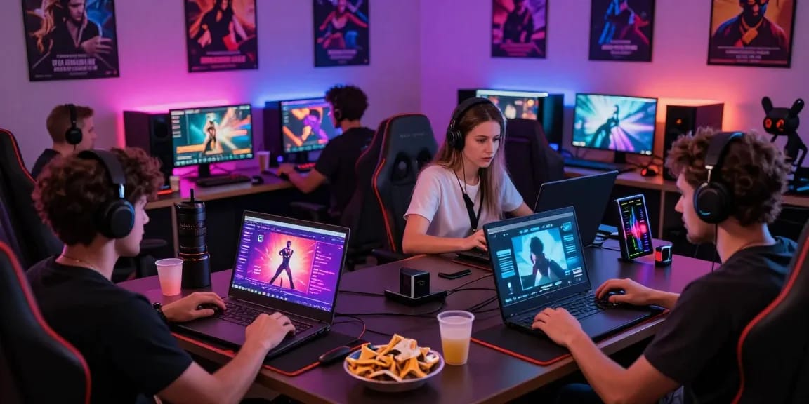Engaged adults playing immersive porn games on various devices in a vibrant gaming setup.