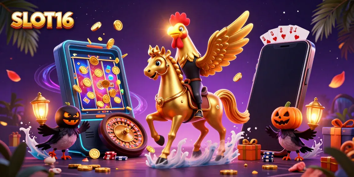 Experience winning thrills at SLOT16 with a golden rooster and friends in a vibrant casino.