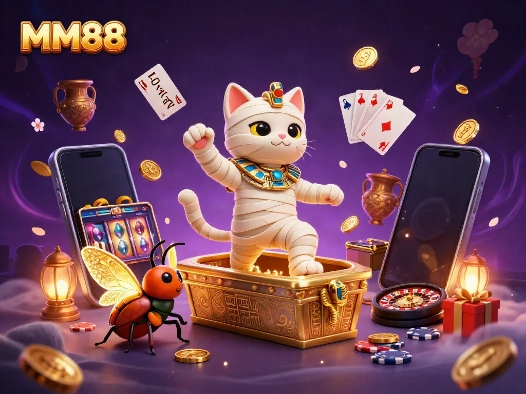Experience MM88's thrilling casino adventures with a mummy cat and vibrant slot games.