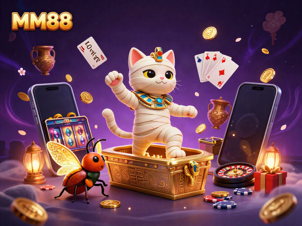 Experience MM88's thrilling casino adventures with a mummy cat and vibrant slot games.