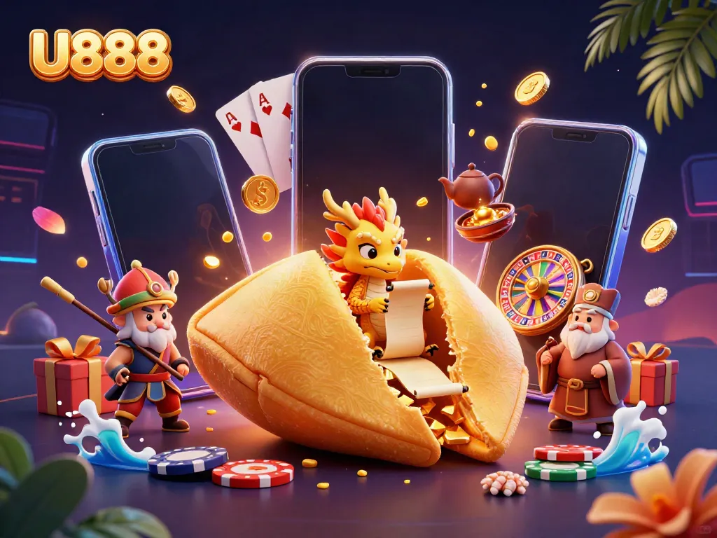 Experience U888's thrilling online casino atmosphere with a dragon, fortune cookie, and dynamic slot game elements.