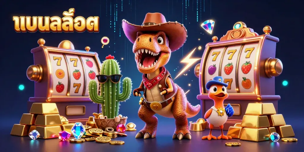 Play slots with แบบสล็อต in a vibrant, dynamic casino scene featuring a cartoon T-Rex, cactus sidekick, and roadrunner.