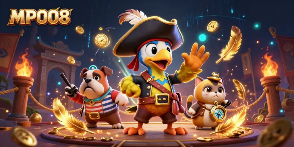 Engage in the excitement of MPO08 with a pirate-themed gaming scene filled with coins and dynamic energy.