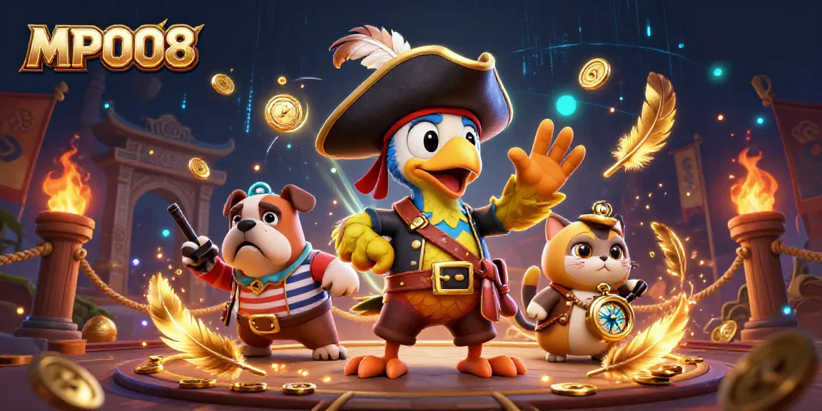 Engage in the excitement of MPO08 with a pirate-themed gaming scene filled with coins and dynamic energy.