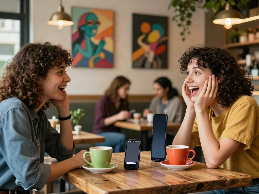 Friends discussing innovative ai sex chat features over coffee in a cozy cafe.