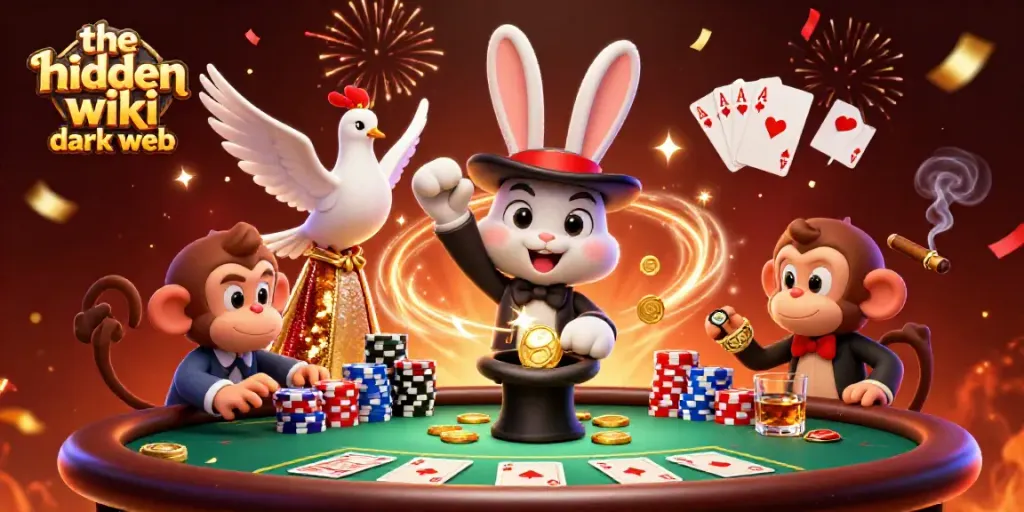 Engage with the hidden wiki dark web through a magical casino scene filled with vibrant characters and elements.
