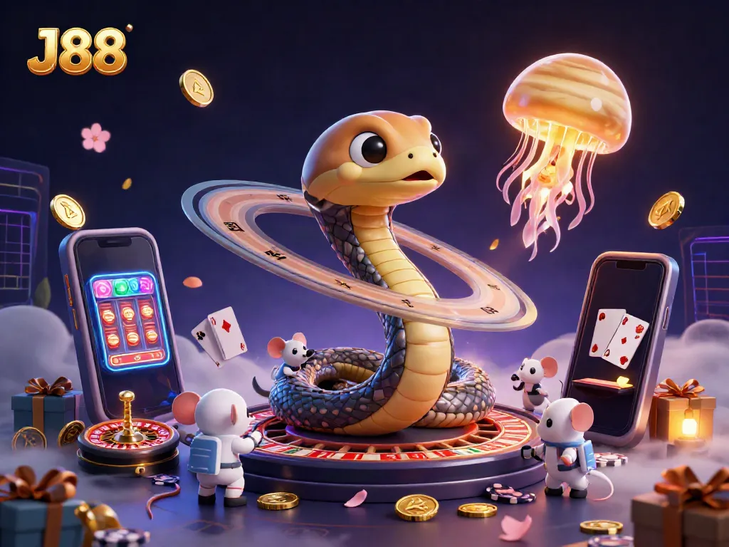 J88 gaming scene with cartoon Saturn ring snake and astronaut mice betting on a roulette wheel