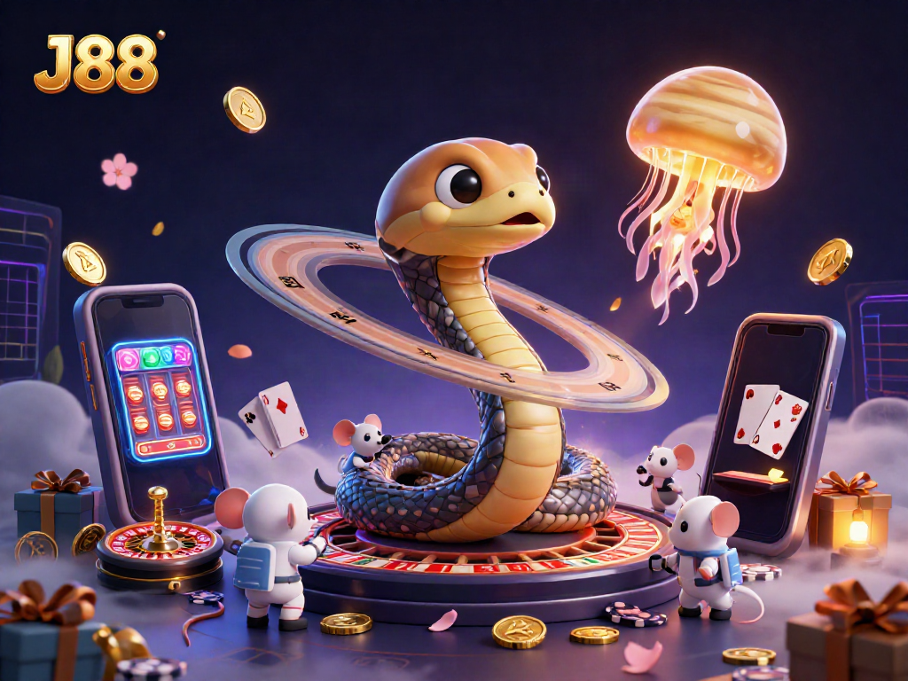 J88 gaming scene with cartoon Saturn ring snake and astronaut mice betting on a roulette wheel