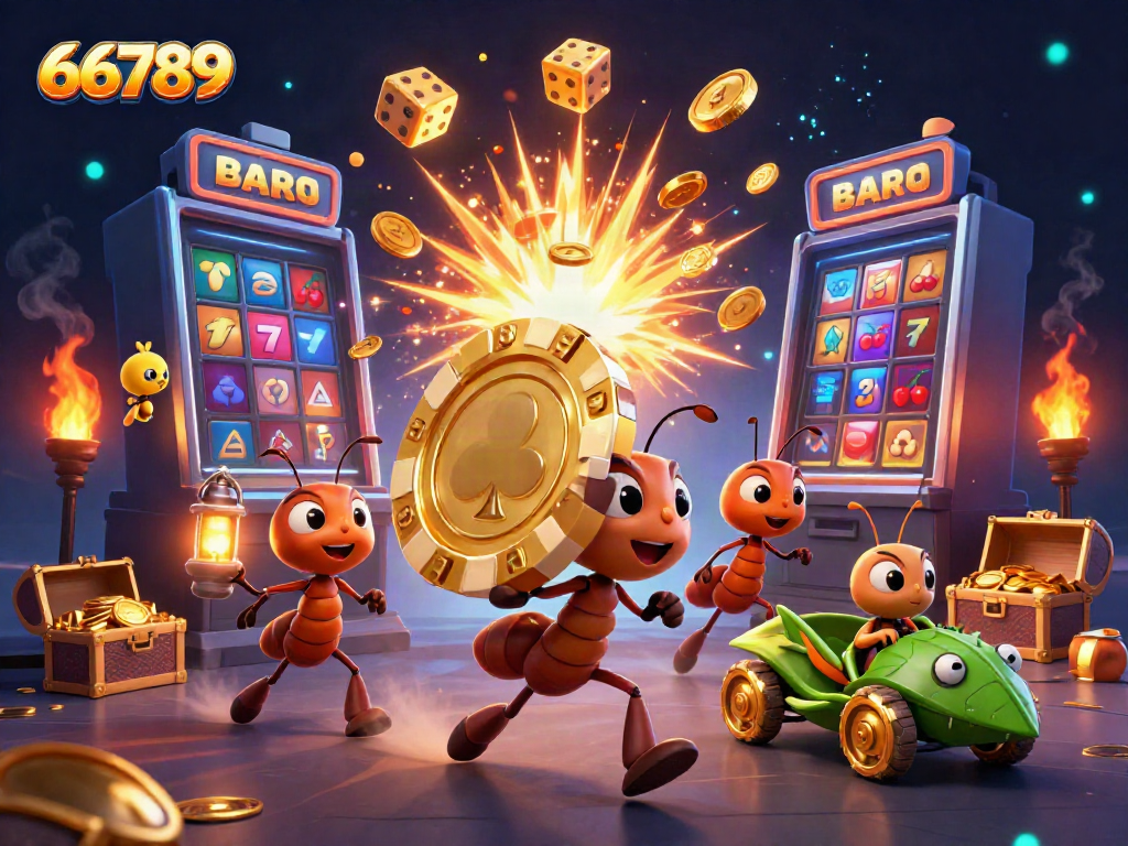 Experience exhilarating action at 66789 with ants pulling a giant poker chip through a dynamic casino scene.
