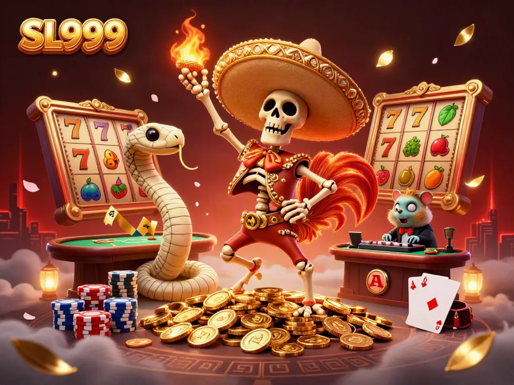 Engage in classic gaming fun with SL999 showcased in a vibrant casino scene featuring lively characters and dynamic elements.