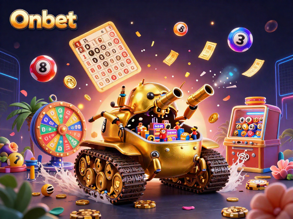 Experience the Onbet casino with thrilling games and vibrant action depicted in a dynamic 3D illustration.