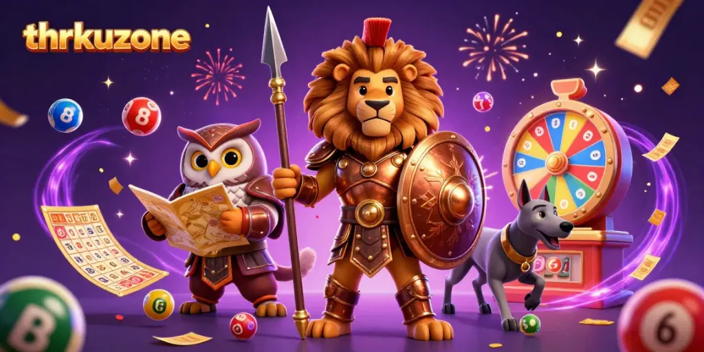 Experience the thrill of gaming at thrkuzone with a vibrant scene of characters and lottery elements in action.
