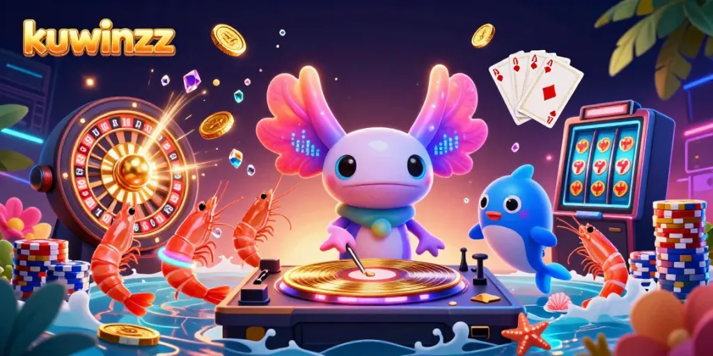 Join the vibrant action with kuwinzz as a neon axolotl DJ spins golden records amid glowing shrimp and flying gems.