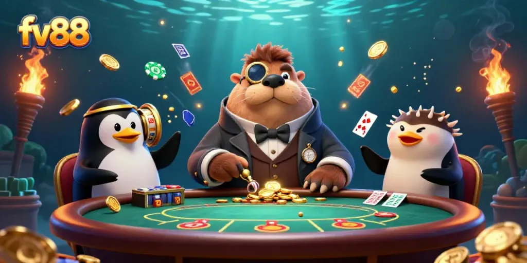 Experience high-stakes excitement at fv88's underwater casino featuring a walrus poker player.