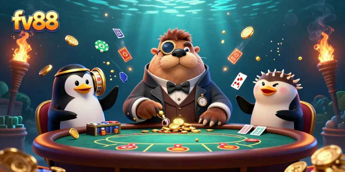 Experience high-stakes excitement at fv88's underwater casino featuring a walrus poker player.