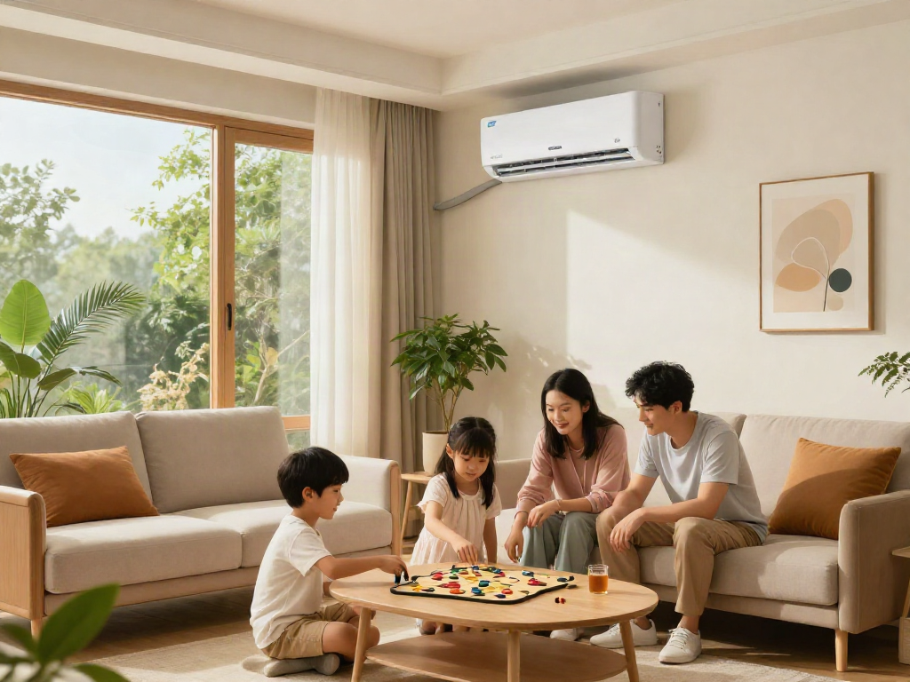 Cozy living room featuring a mini split AC unit cooling a family gathering.