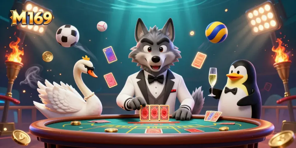 Experience M169 with a debonair wolf and elegant swan in a vibrant casino scene, showcasing high-stakes gaming action.
