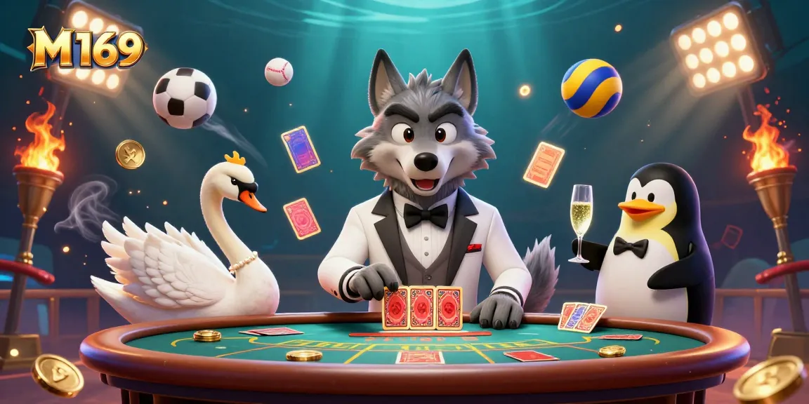 Experience M169 with a debonair wolf and elegant swan in a vibrant casino scene, showcasing high-stakes gaming action.