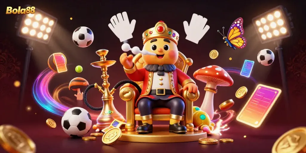 Bola88 showcases a dynamic 3D scene featuring a hookah-master caterpillar amid sports elements, promoting a vibrant gaming experience.