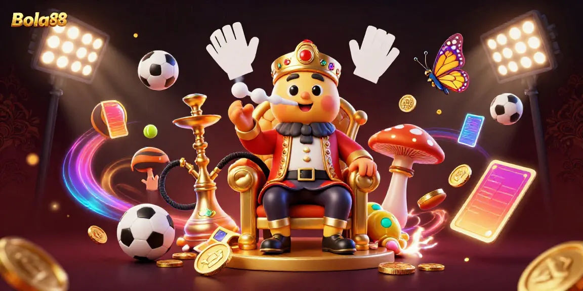 Bola88 showcases a dynamic 3D scene featuring a hookah-master caterpillar amid sports elements, promoting a vibrant gaming experience.