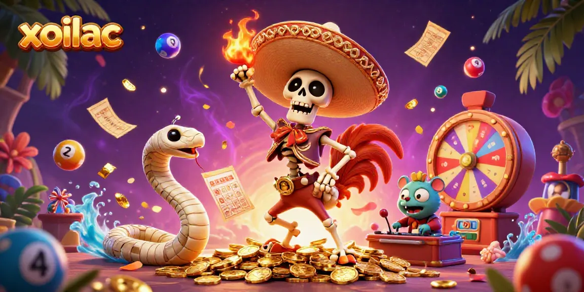 Celebrate with xoilac as a cartoon mariachi rooster dances on golden coins, surrounded by vibrant gambling elements.