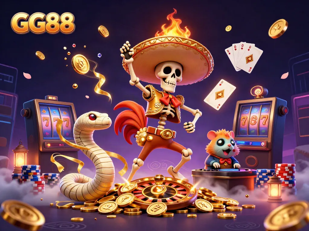 Celebrate big wins at GG88 with vibrant 3D casino characters and golden coins surrounding them.