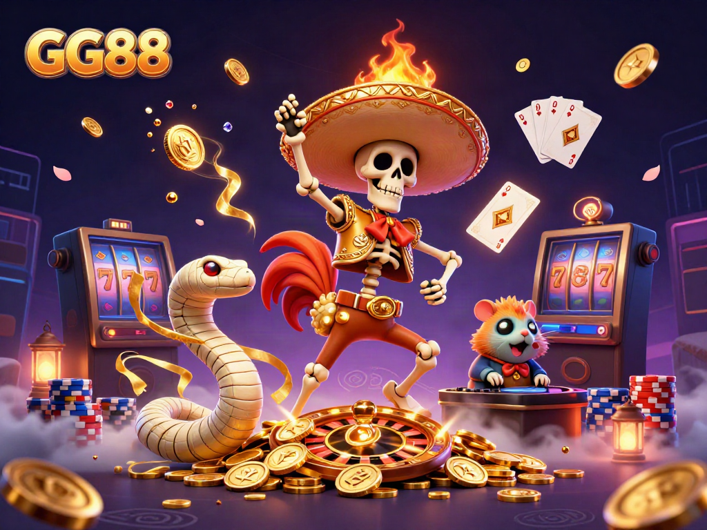 Celebrate big wins at GG88 with vibrant 3D casino characters and golden coins surrounding them.