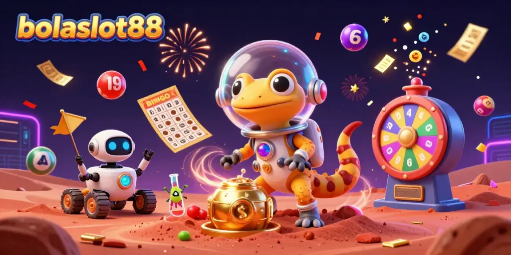 Experience the thrilling world of bolaslot88 with a Martian gecko discovering a golden casino amidst vibrant lottery elements.