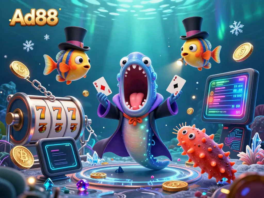 Ad88's aquatic themed casino scene featuring a magician eel and anglerfish amid glowing cryptocurrencies.
