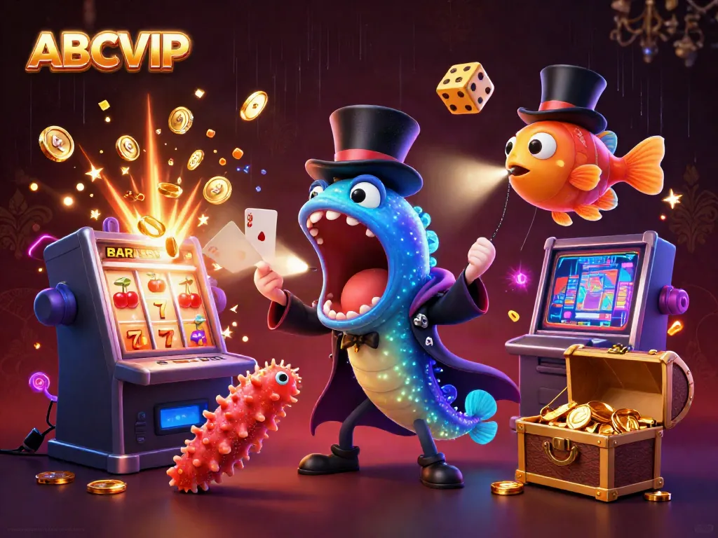 ABCVIP casino scene featuring underwater characters performing magic tricks amidst slot machines and extraordinary effects.