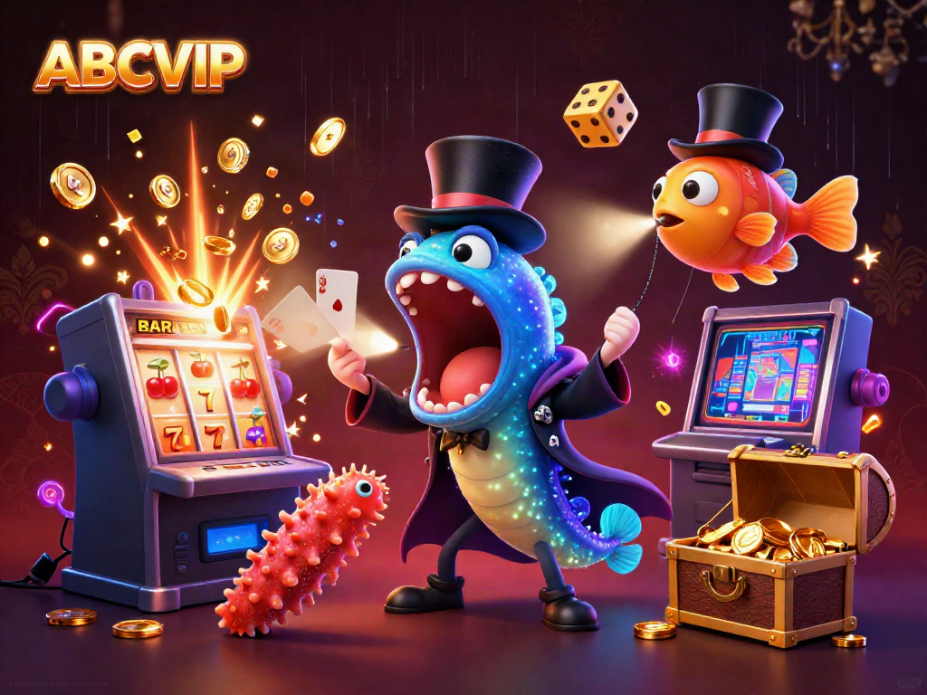 ABCVIP casino scene featuring underwater characters performing magic tricks amidst slot machines and extraordinary effects.