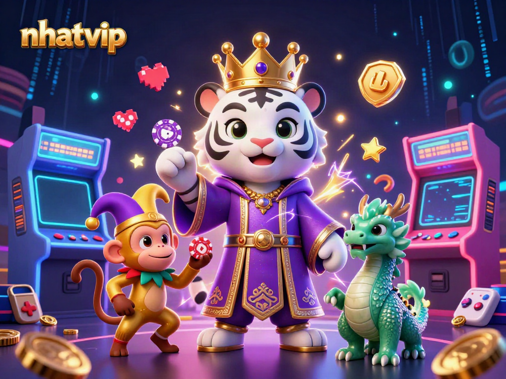 Nhatvip casino illustration featuring a white tiger, golden monkey, and jade dragon amidst vibrant game elements.