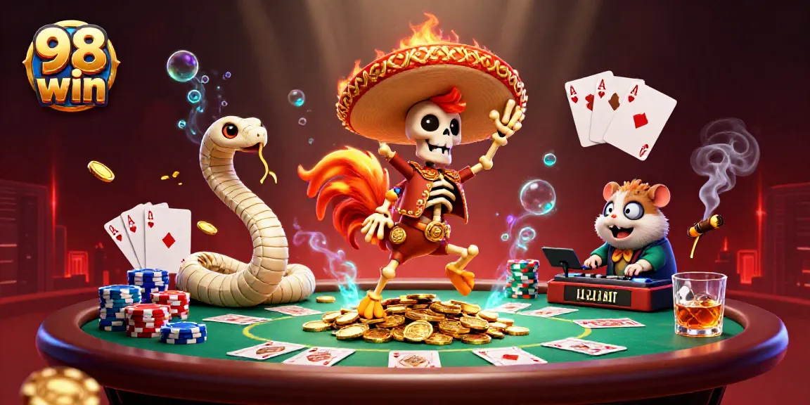 98 win features a mariachi rooster dancing on golden coins with vibrant casino elements.
