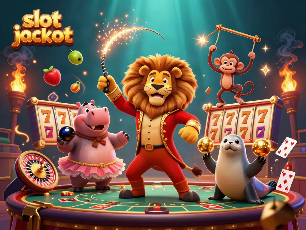 Join the excitement of slot jackpot games with playful characters and vivid casino elements.
