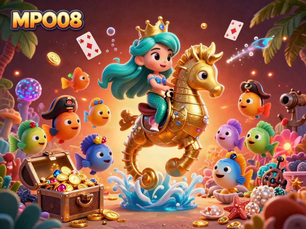 MPO08 mermaid princess rides seahorse in vibrant underwater casino scene full of treasures and colorful characters.