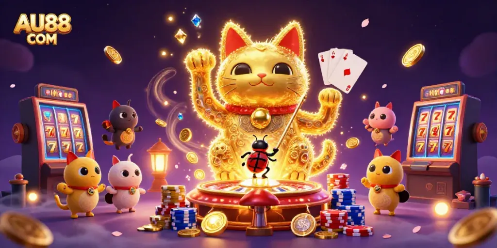 Experience gaming excitement with AU88 COM's dynamic lucky cat and vibrant casino elements.