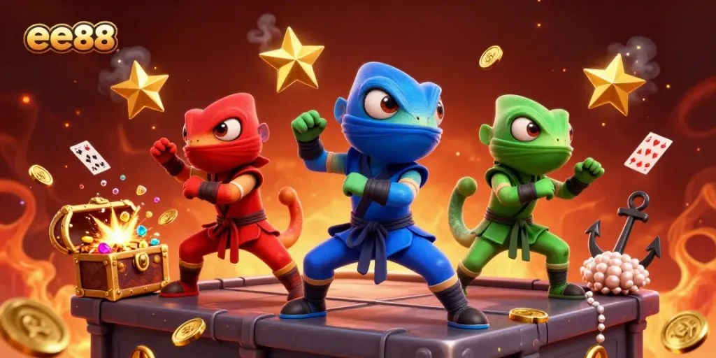 Engage with exciting games at ee88 with ninja chameleons performing martial arts over a vibrant casino scene.