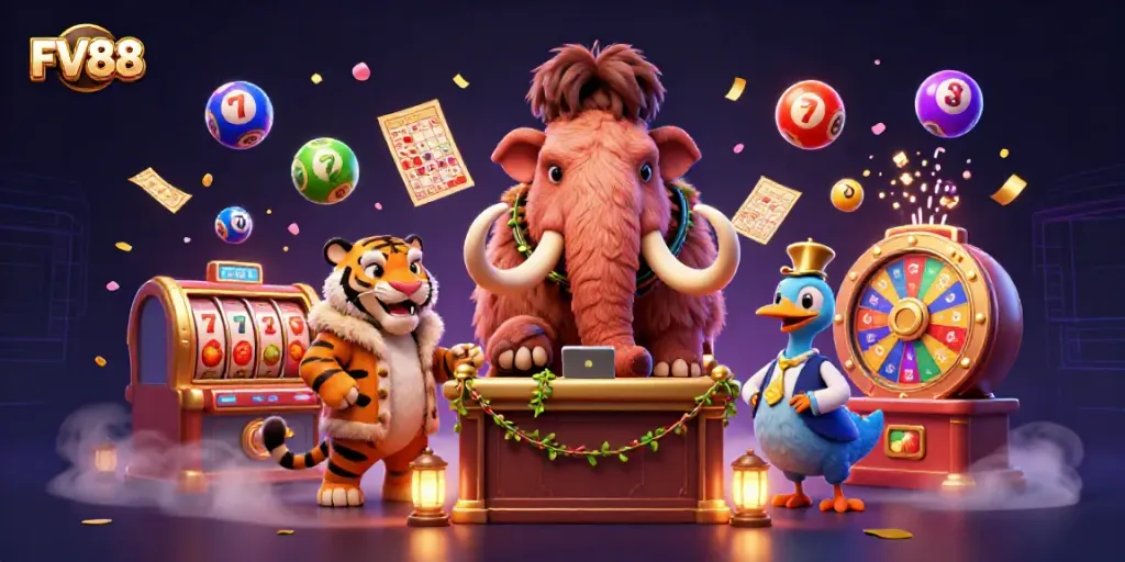 Experience exhilarating gaming at FV88 with a vibrant casino scene featuring iconic characters.