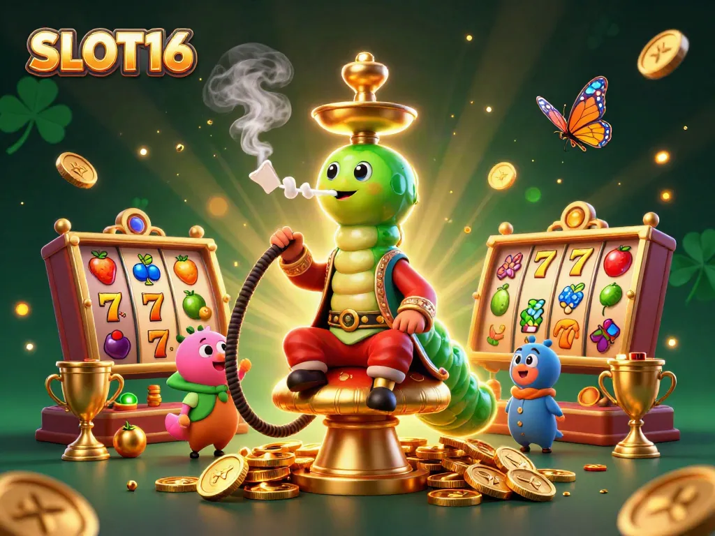 SLOT16 brings excitement with a vibrant illustration of a cartoon caterpillar sultan and slot reels.