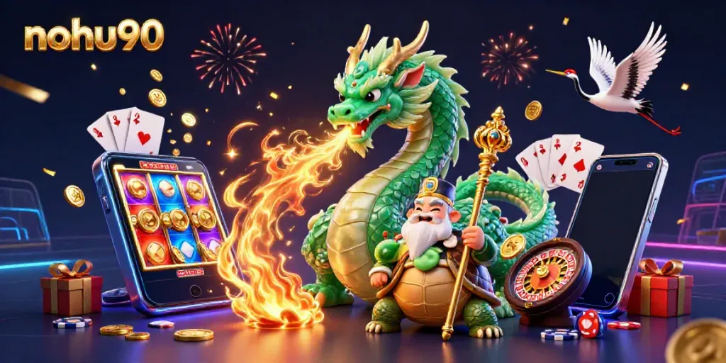 Experience the thrill of nohu90 with a vibrant 3D illustration of a jade dragon, lucky cranes, and casino elements.