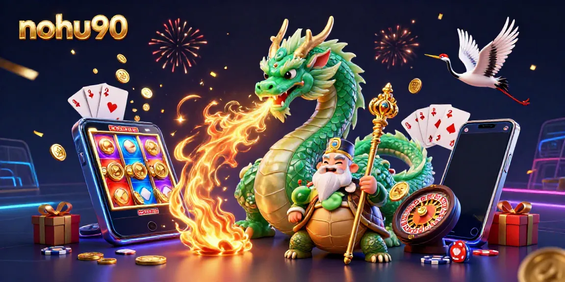 Experience the thrill of nohu90 with a vibrant 3D illustration of a jade dragon, lucky cranes, and casino elements.
