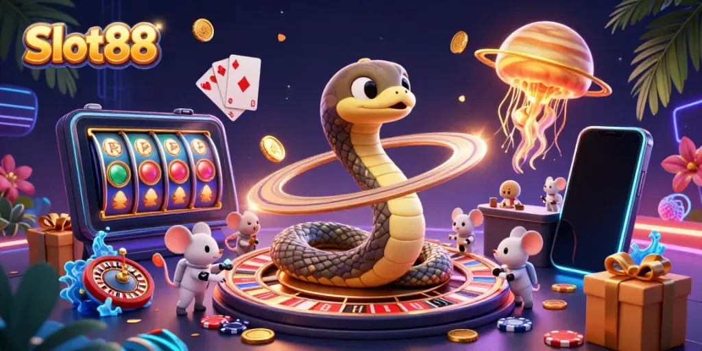 Engaging Slot88 scene with a cosmic dealer and astronaut mice betting in a vibrant casino universe.