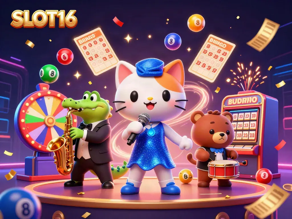 Experience the excitement of SLOT16 with a vibrant casino scene featuring a jazzy cat and friends.