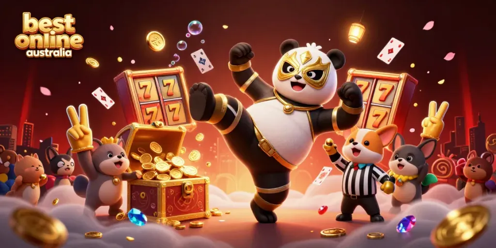 Experience the thrill of the best online casino Australia in a vibrant scene with dynamic characters and casino elements.