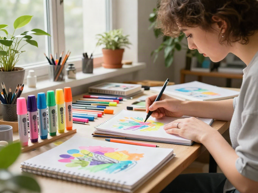 Colorful highlighter pens by a professional manufacturer in an inviting art studio.