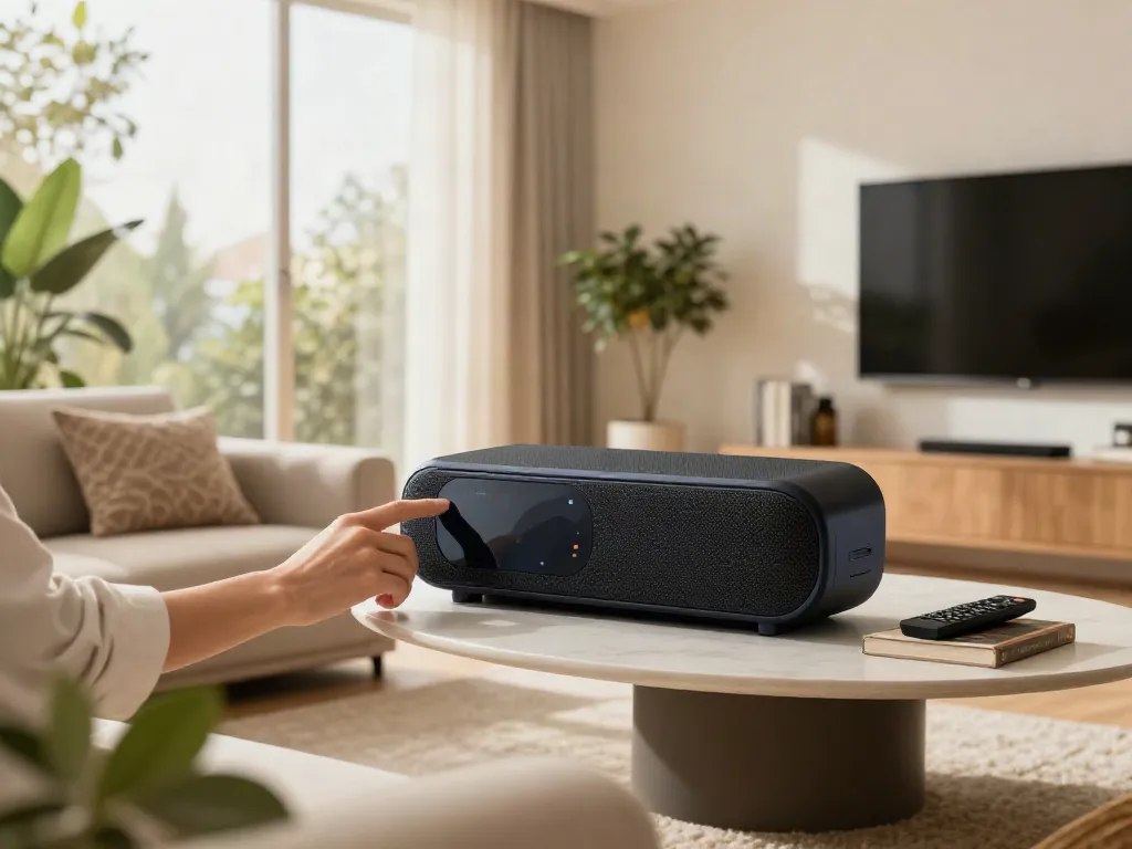 Spacious living room with a smart ceiling speaker and a person adjusting the volume using a smartphone.
