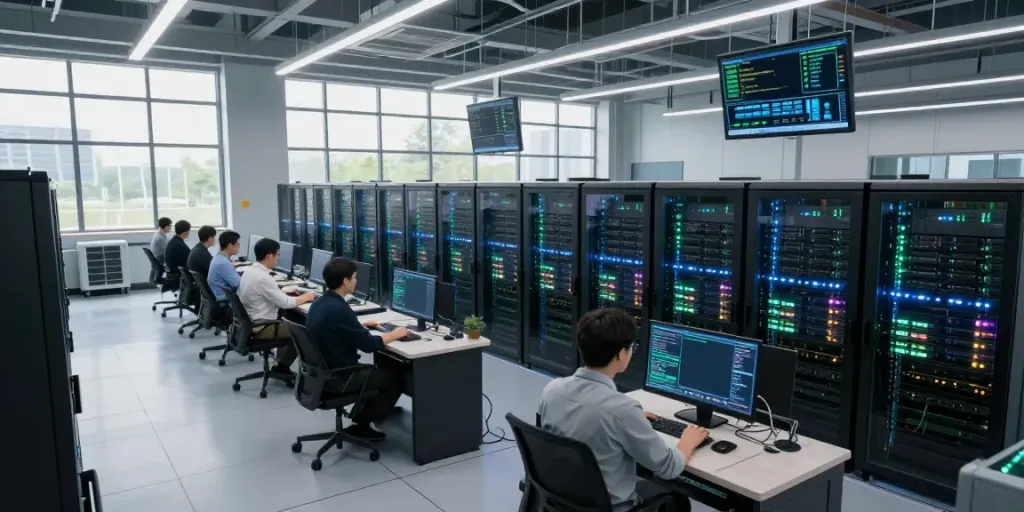 Interior of an AI data center with high-density GPU racks and engineers monitoring tech systems.