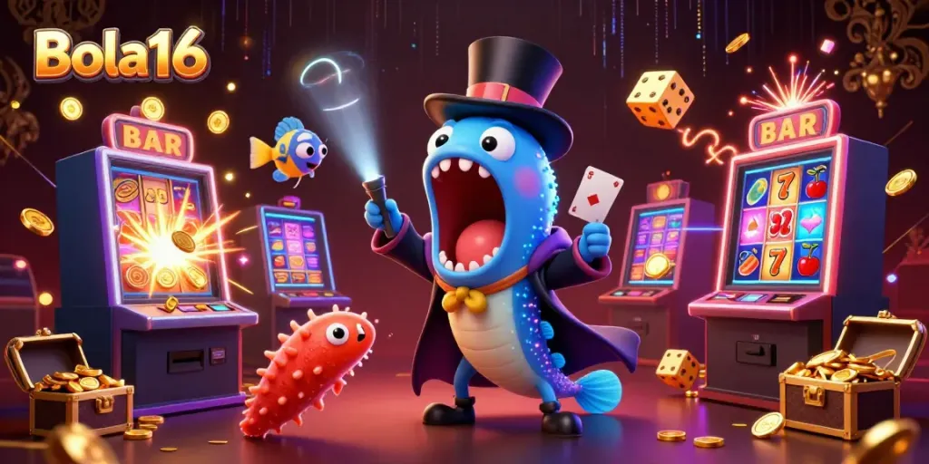 Bola16 thrilling illustration featuring a deep-sea gulper eel performing card tricks amidst a vibrant casino explosion.