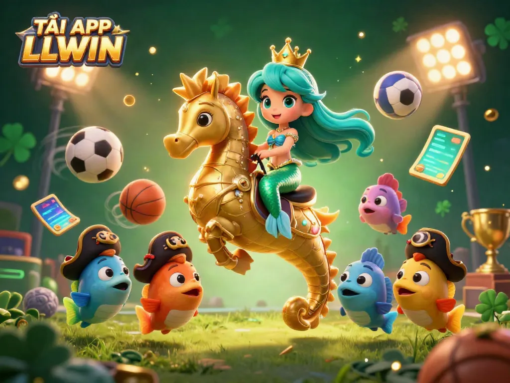 Engage with the exciting atmosphere of TẢI APP LLWIN through this vibrant 3D illustration showcasing a mermaid princess in a dynamic sports-themed scene with betting elements.