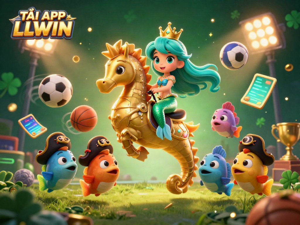 Engage with the exciting atmosphere of TẢI APP LLWIN through this vibrant 3D illustration showcasing a mermaid princess in a dynamic sports-themed scene with betting elements.